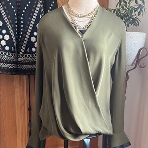 Green Wrap Blouse with Mandarin Collar